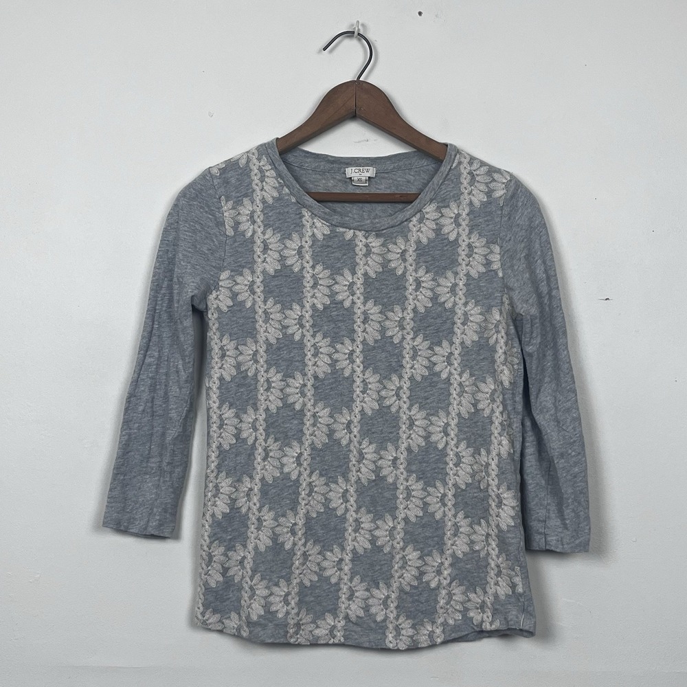 J.Crew Womens Gray Floral Embroidered 3/4 Sleeve Cotton Knit Top C9162 XS